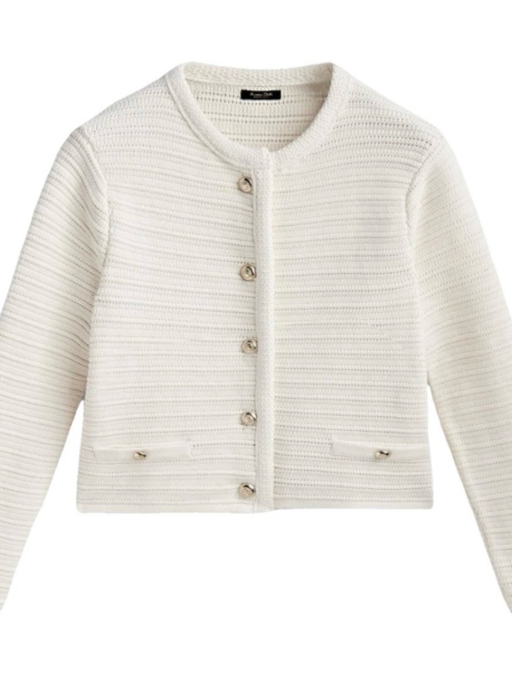 Massimo Dutti Cream Textured Button-Front Cropped Cardigan